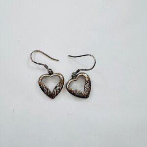 Sterling Silver Pierced Scroll Design Heart Earrings Cut-Out Dangle 1 1/4" Drop